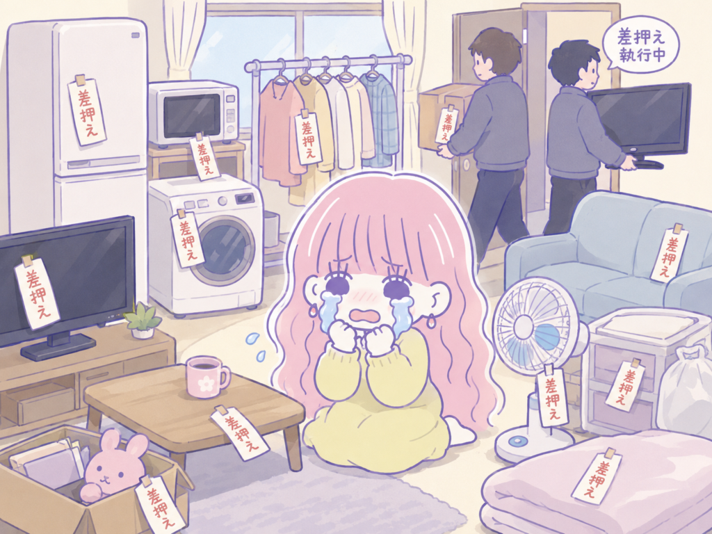 家財道具に「差押え」の札が付けられ、テレビや荷物を運び出される中で泣くセキララ子