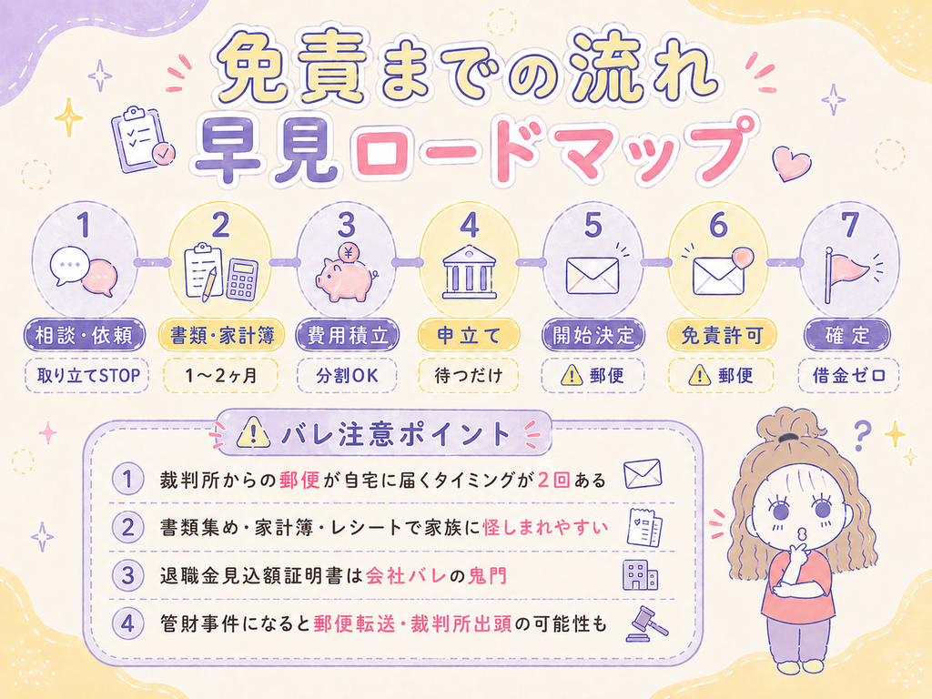 自己破産の相談から免責までの流れを7ステップで示したロードマップ