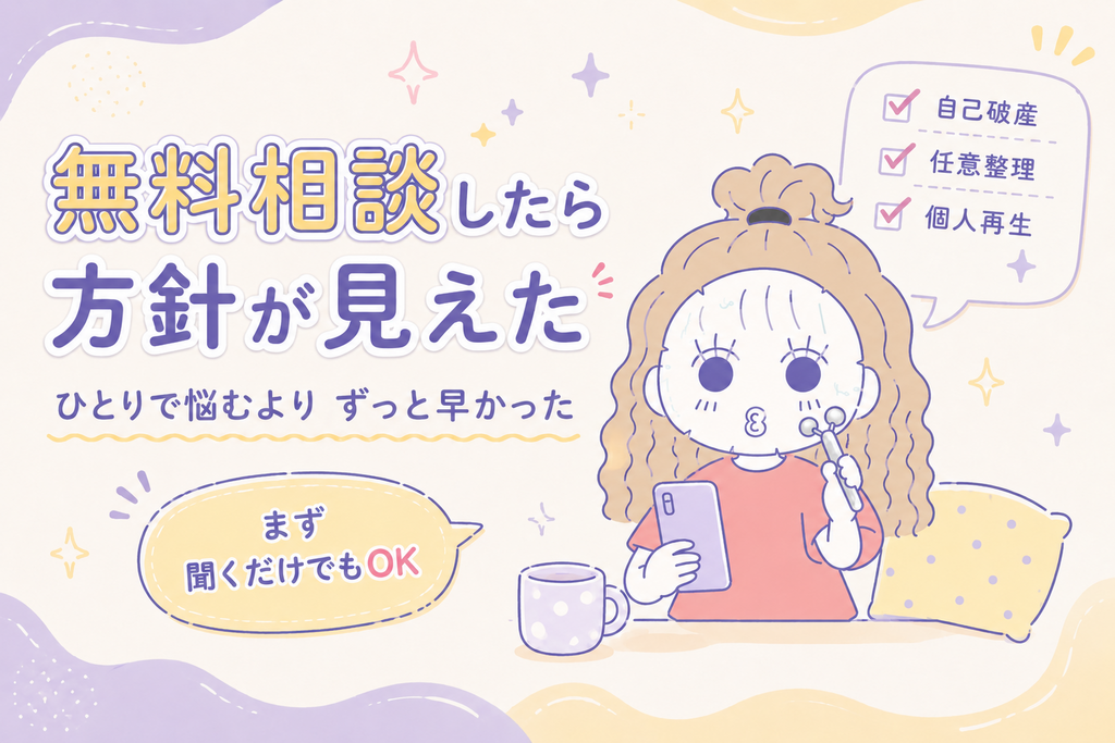 スマホで債務整理の無料相談をして方針が見えたシートマスク姿のセキララ子