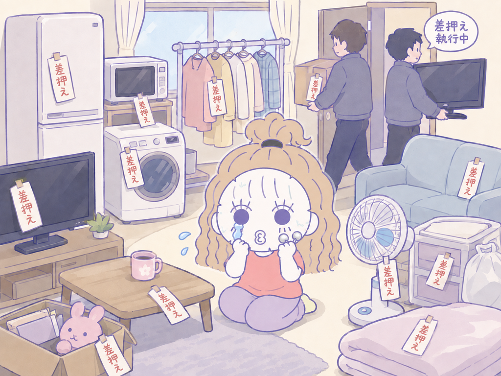 差押え札の付いた家具や家電を運び出され、部屋で泣くシートマスク姿のセキララ子